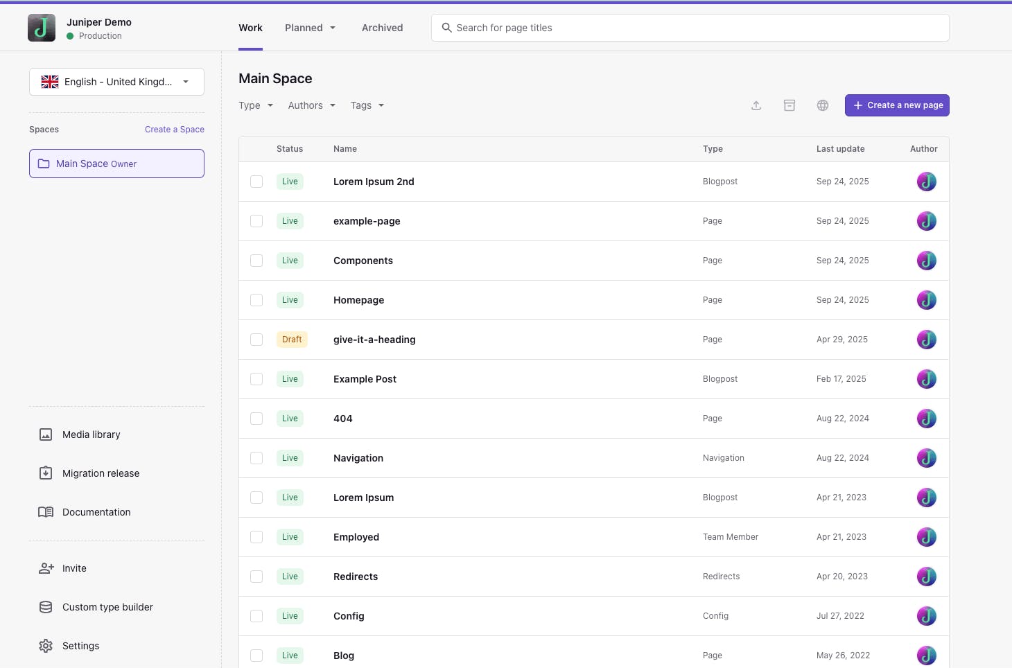 Prismic main space example October 2025