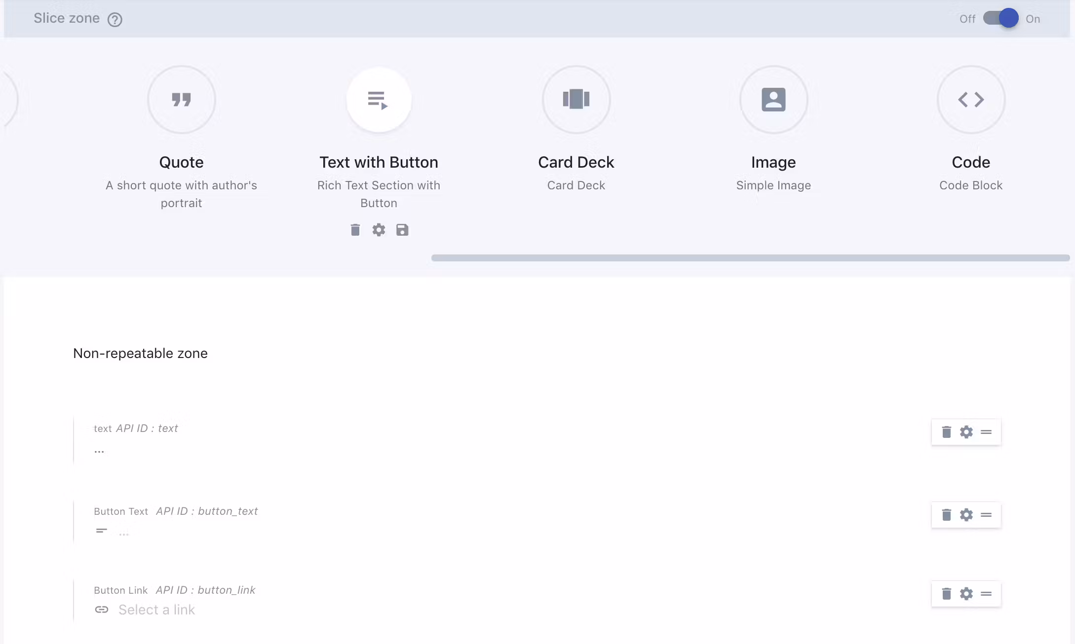 Text with Button slice setup in the Prismic document mask