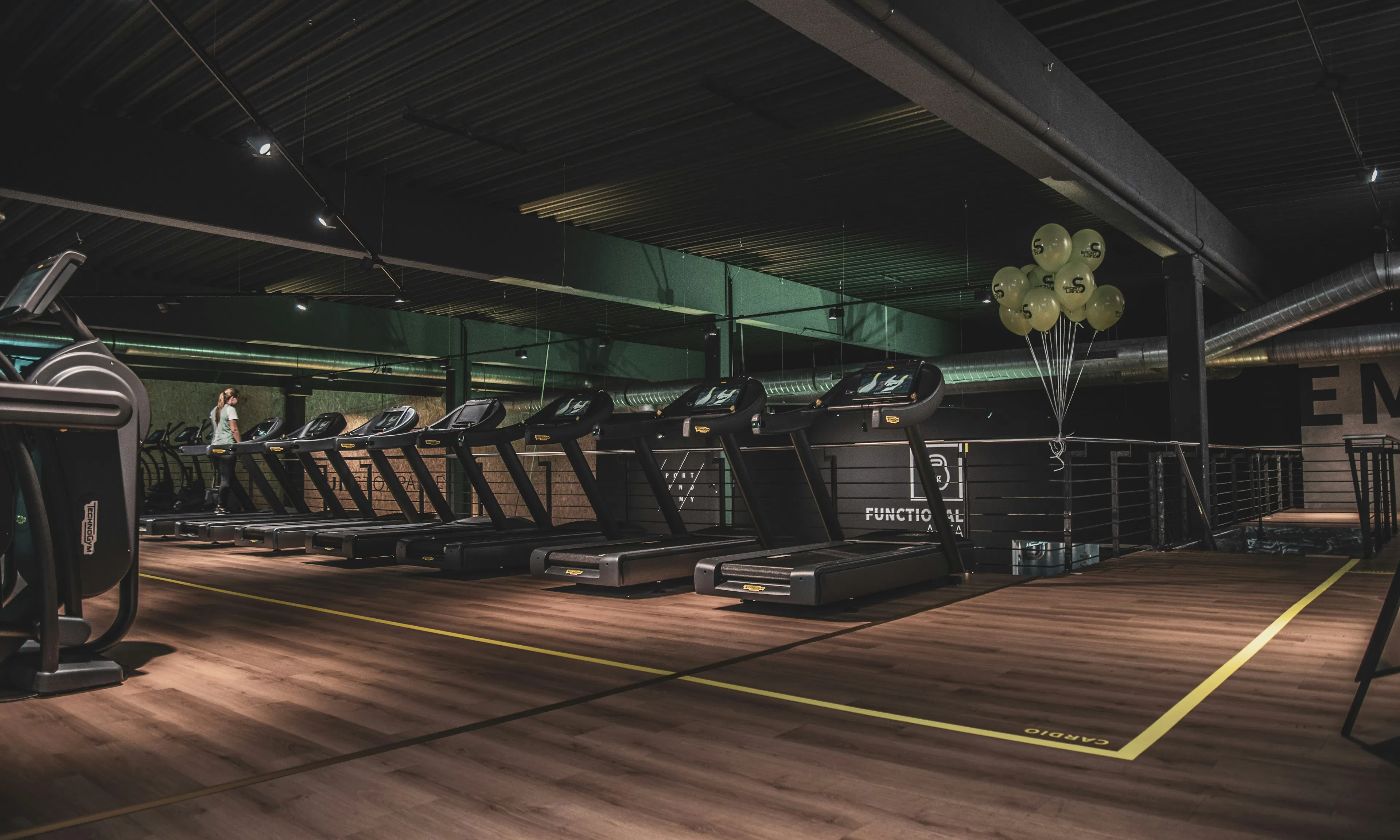 rows of treadmills in a dim gym room