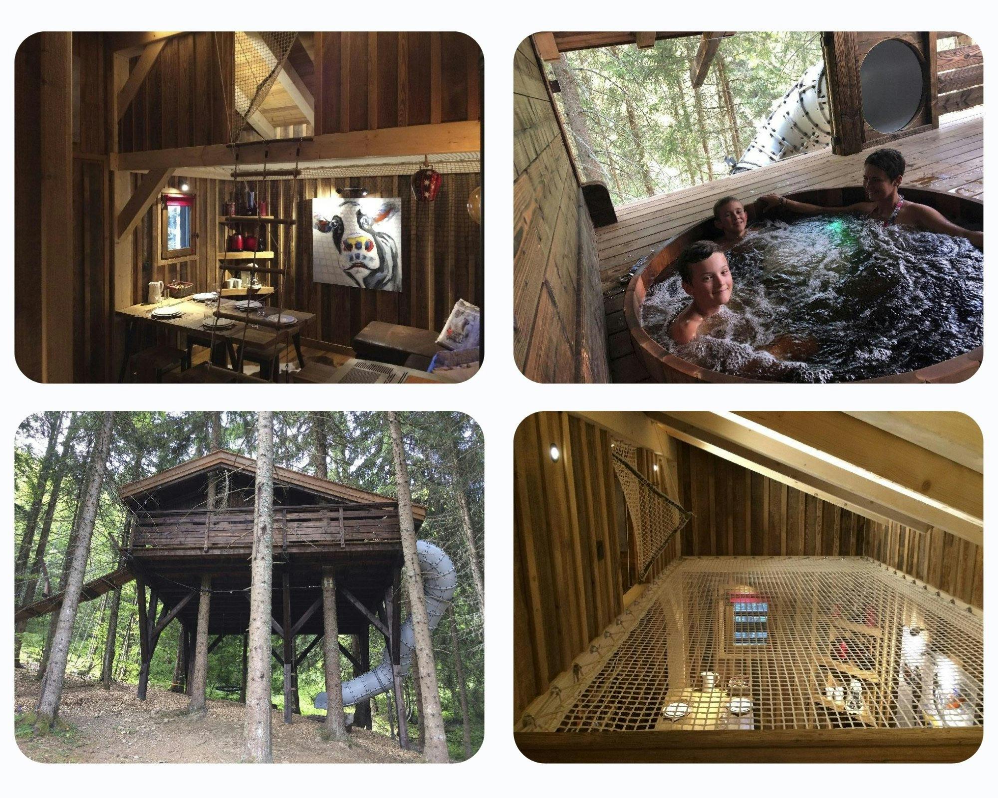 Cabane dans les arbres avec parc de jeux et spa