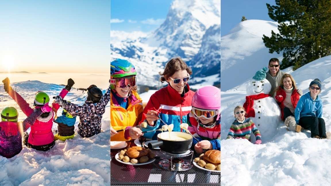 Famille, ski, enfants, neige, bonhomme de neige, vacances en famille, station ski familiale
