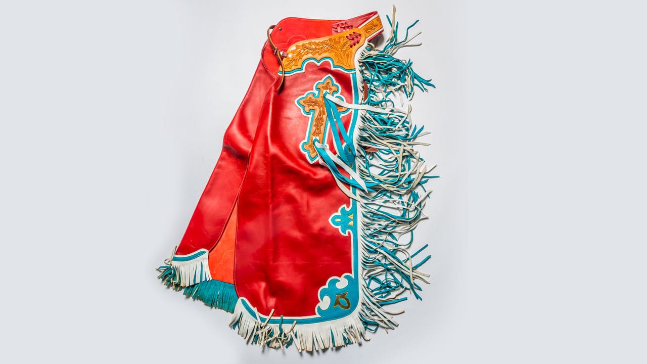 Red and blue riding chaps.