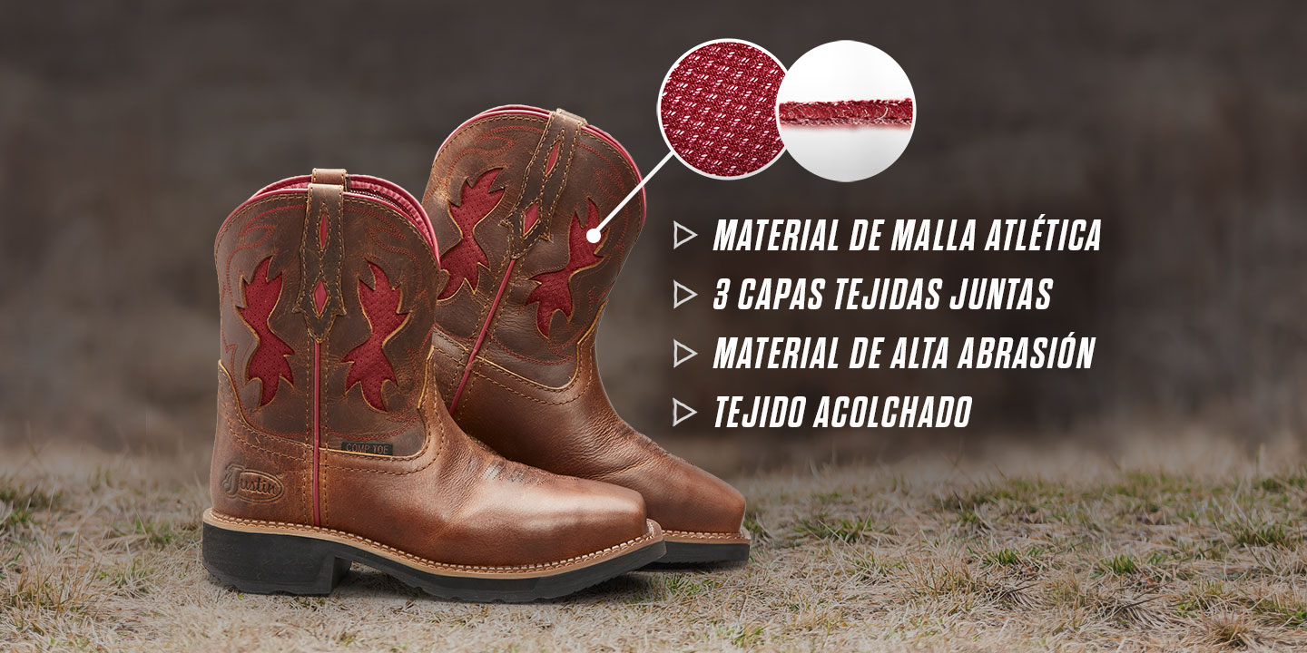 Imagen que muestra las características de "J-Vent" en botas marrones y rojas. 1. Material de malla atlética 2. Tres capas tejidas juntas 3. Material de alta abrasión 4. Tejido acolchado