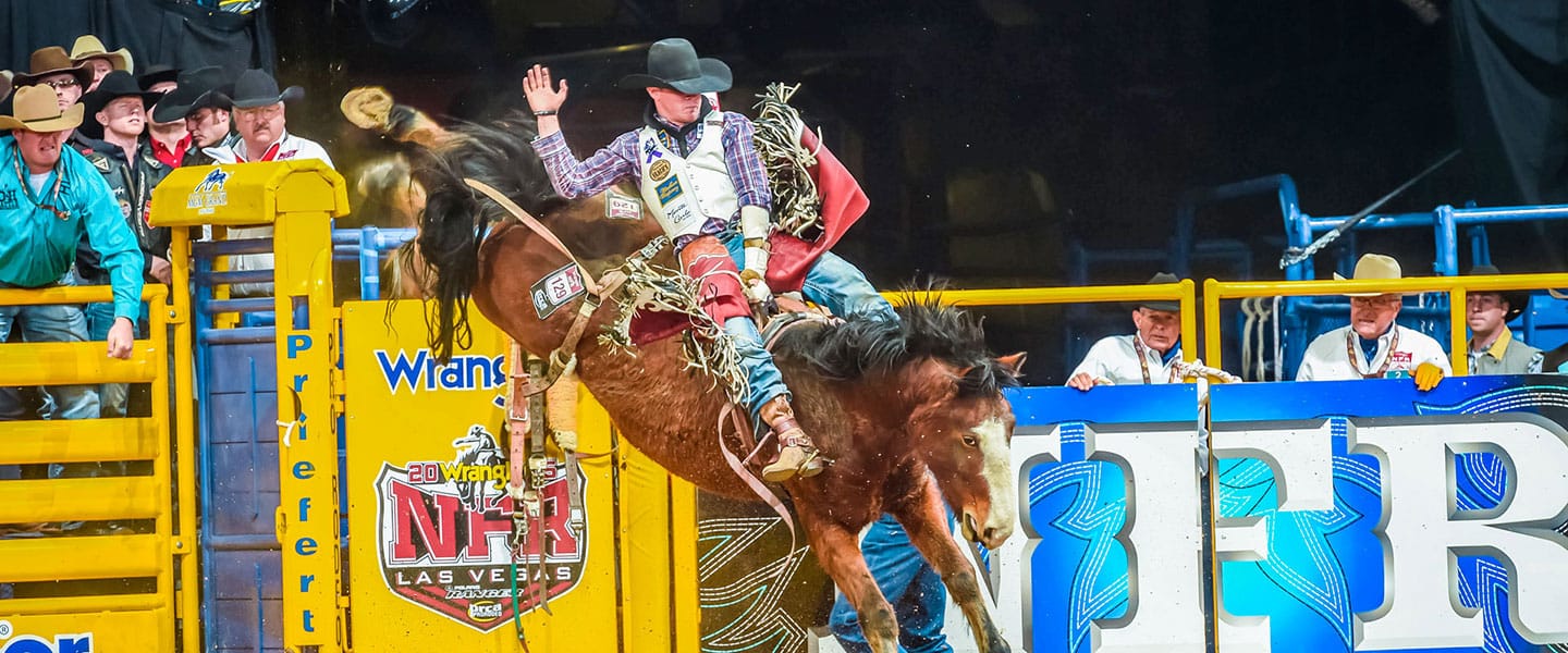 Tim O'Connell riding bareback at a PRCA event.