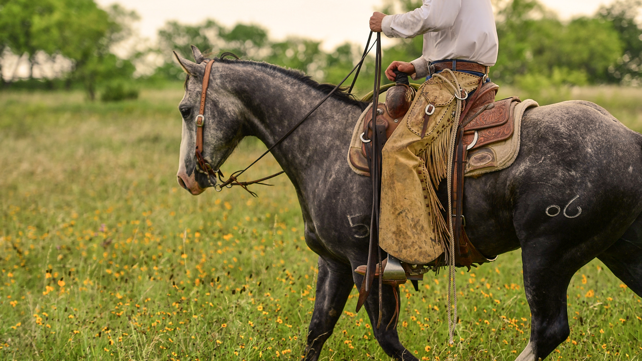 Close up of a cowboy wearing chaps riding a grey horse in a field.