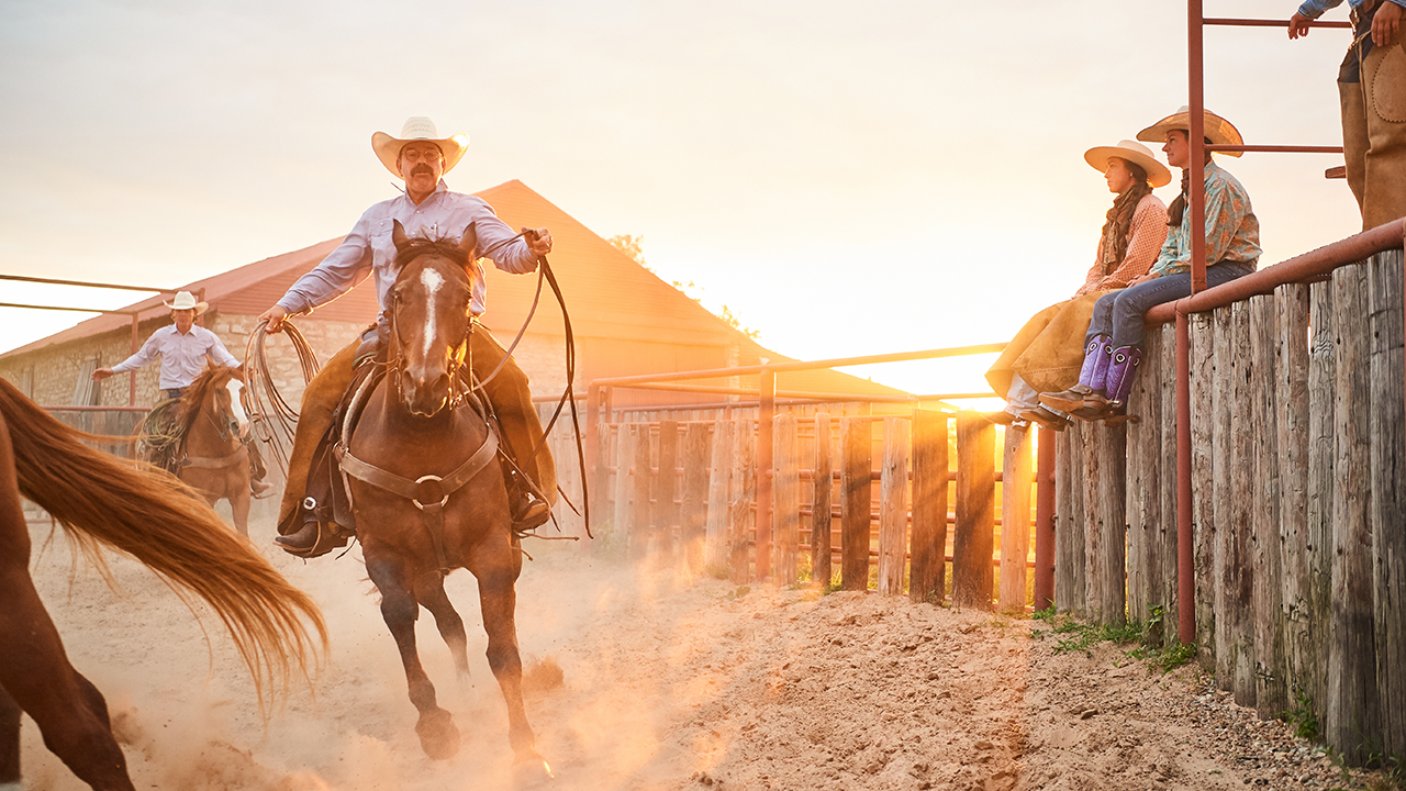 A cowboy on a horse in an arena during sunrise working horses while some cowgirls look on.