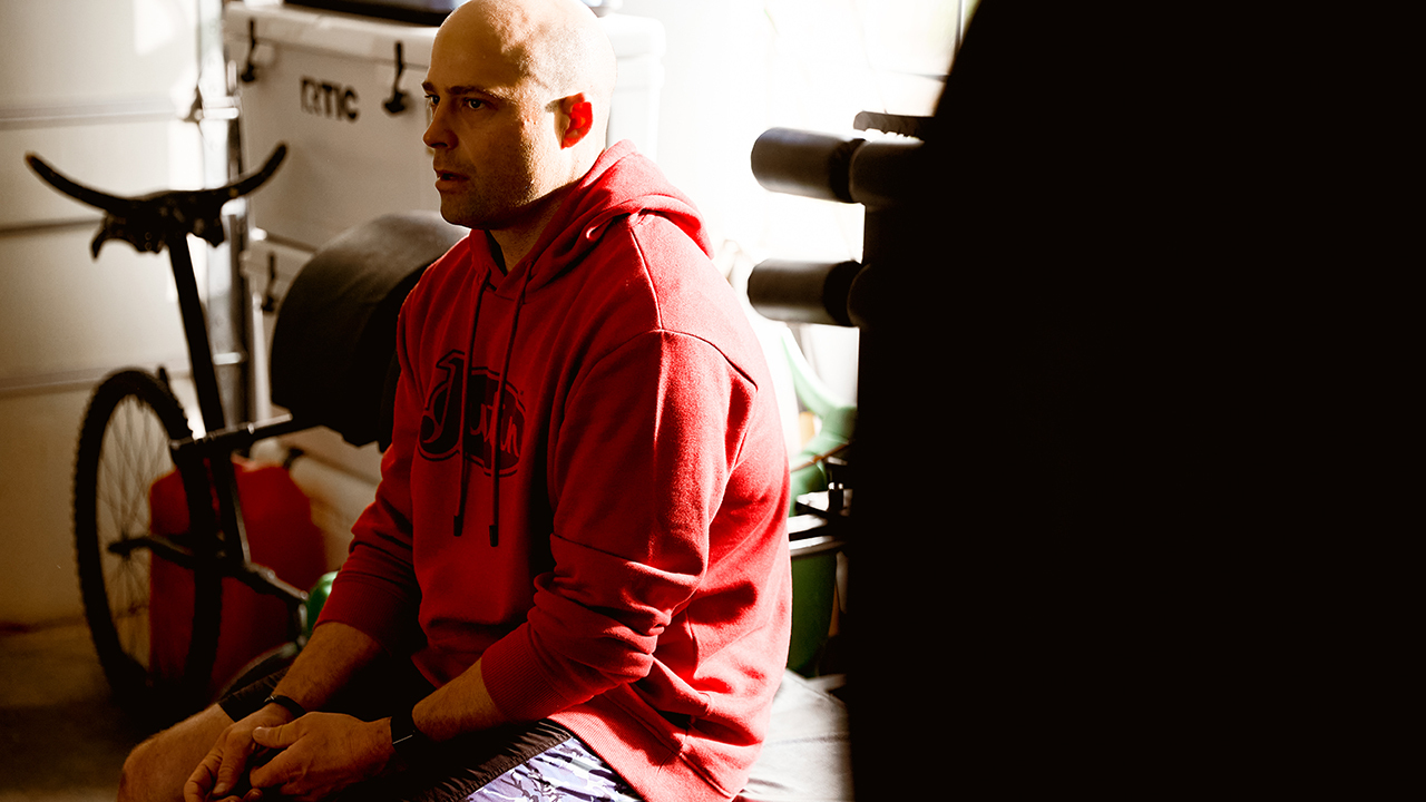 PRCA Bullfighter Dusty Tuckness resting in his home gym after a work out.