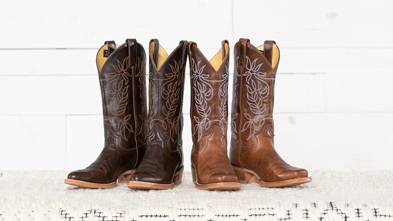 Two pairs of leather boots in front of a white background.