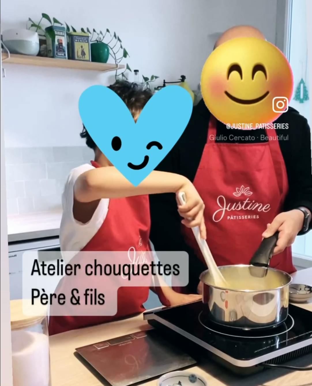 Dad & son making choux pastry with Justine patisseries