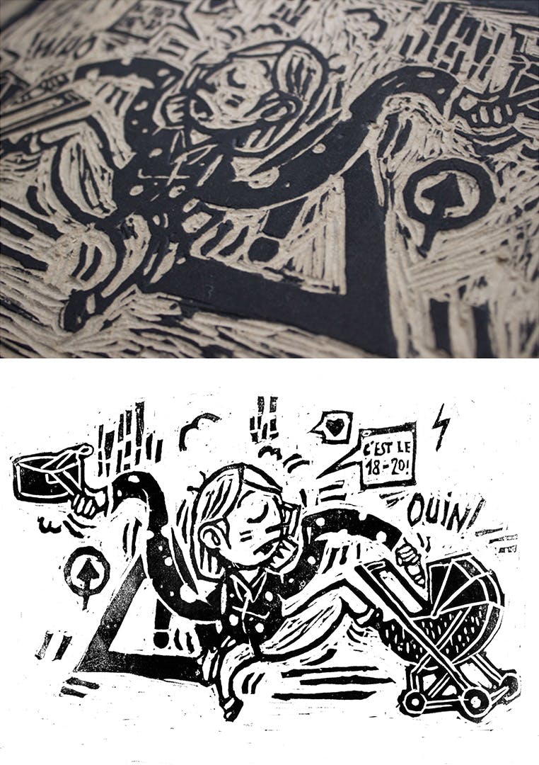 woodcut carving and print