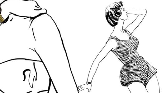 illustrations for omega of a woman in black and white