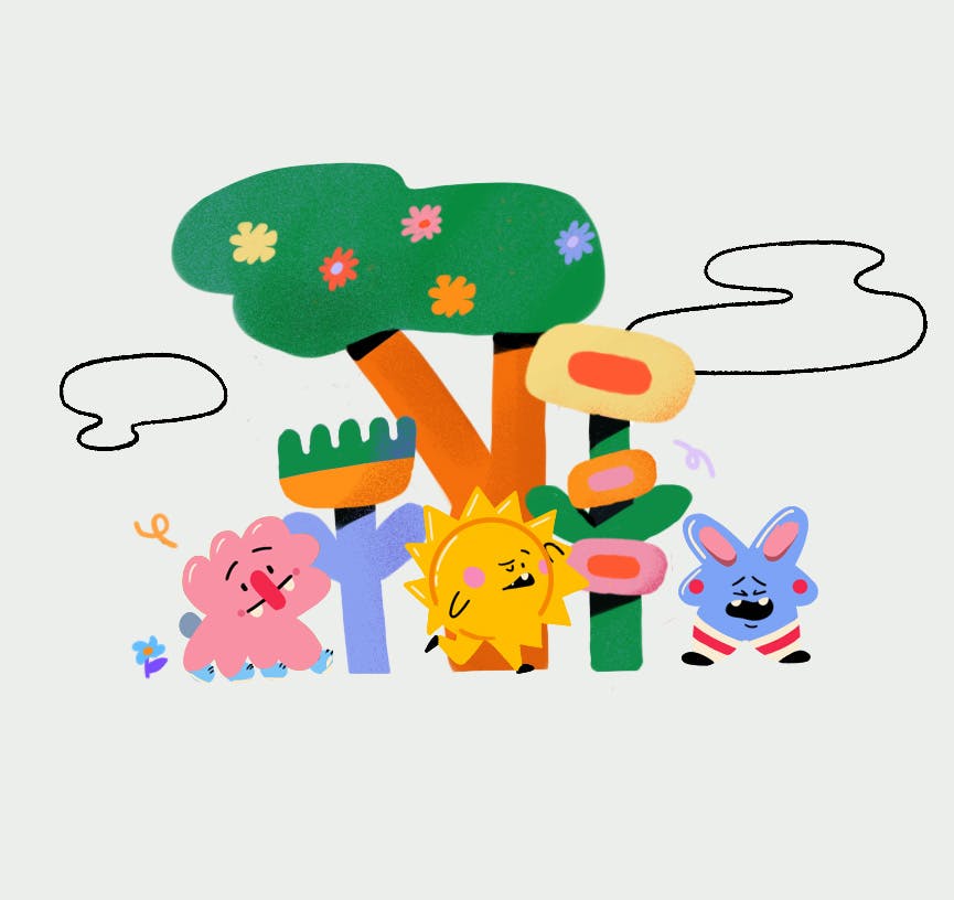 cute monsters in flowers and tree background
