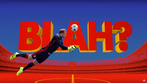 a football player kicks the ball with hie head, the word "blah" behind him becomes the word "first"