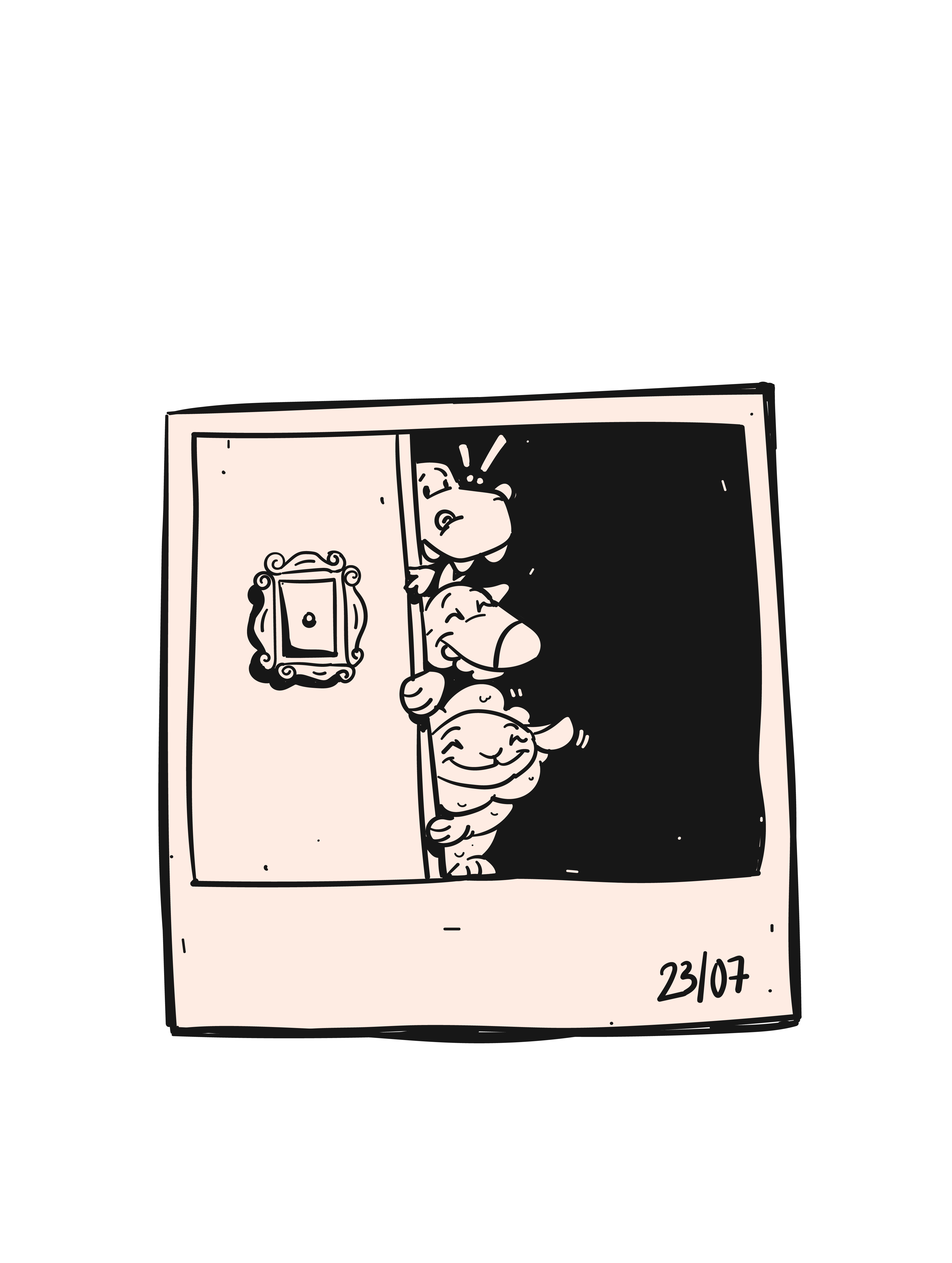 illustration ponpon, jean loup and simon behind a door
