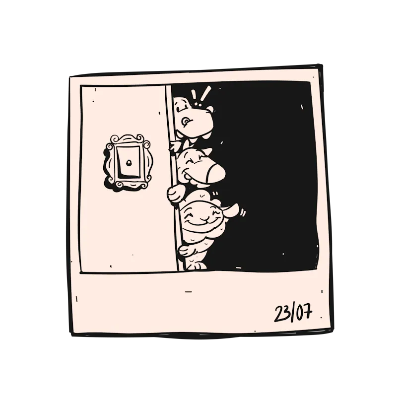 illustration ponpon, jean loup and simon behind a door