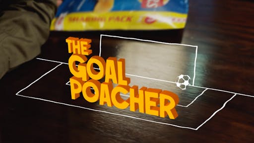 bag of lays chips moving, the words "the goal poacher" animated with goal and football