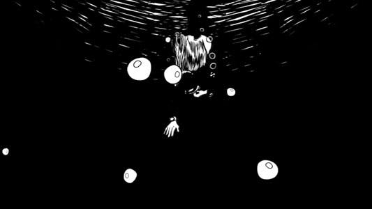 illustrations for omega of a woman drowning in black and white