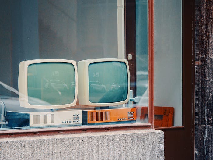 Vintage computers in a shop window
