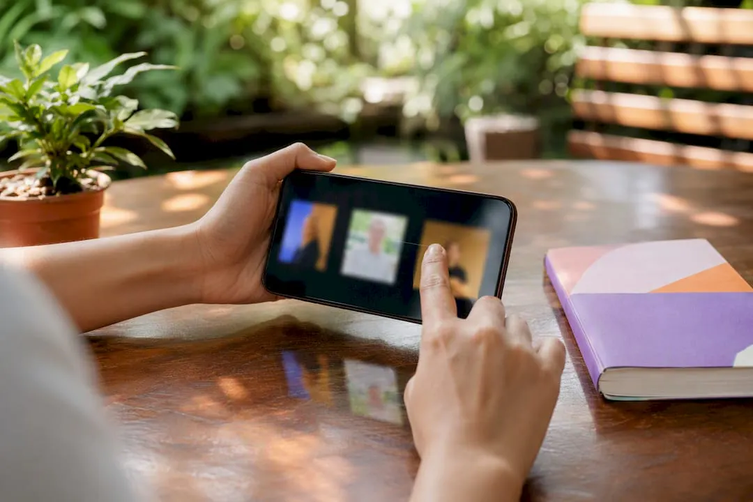Hand scrolling photo portfolio on smartphone