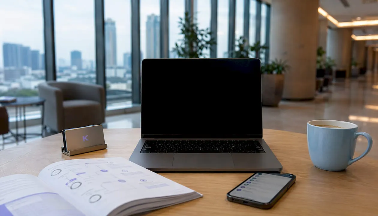 Postazione da lavoro con laptop e materiali per la sincronizzazione dei contatti