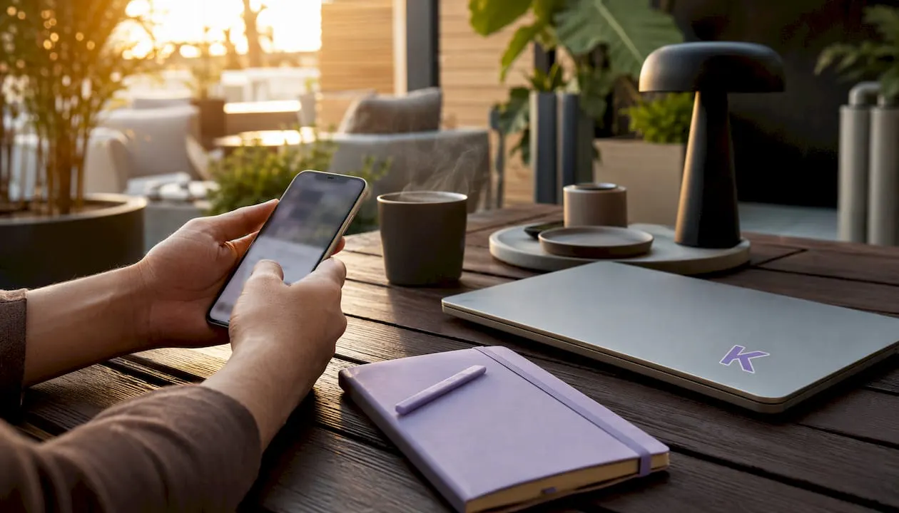 Un paio di mani tiene uno smartphone con una carta digitale, mentre lavora da casa davanti al computer.
