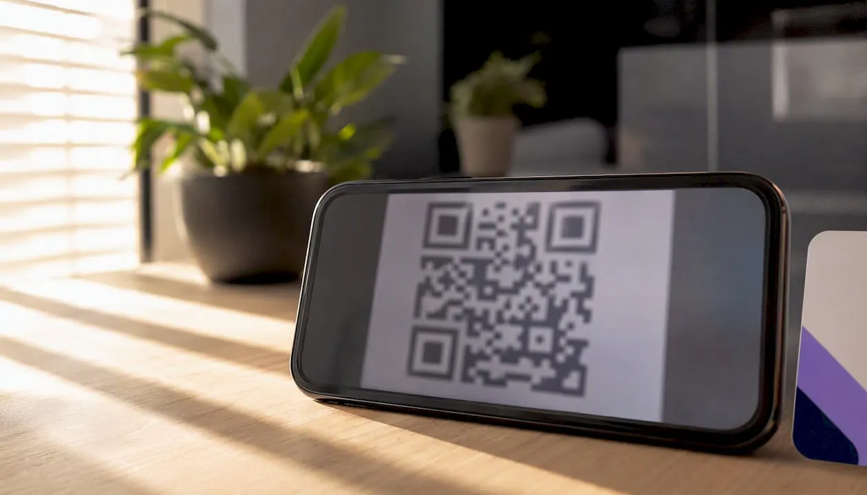 Primo piano di uno smartphone con un codice QR visualizzato sullo schermo