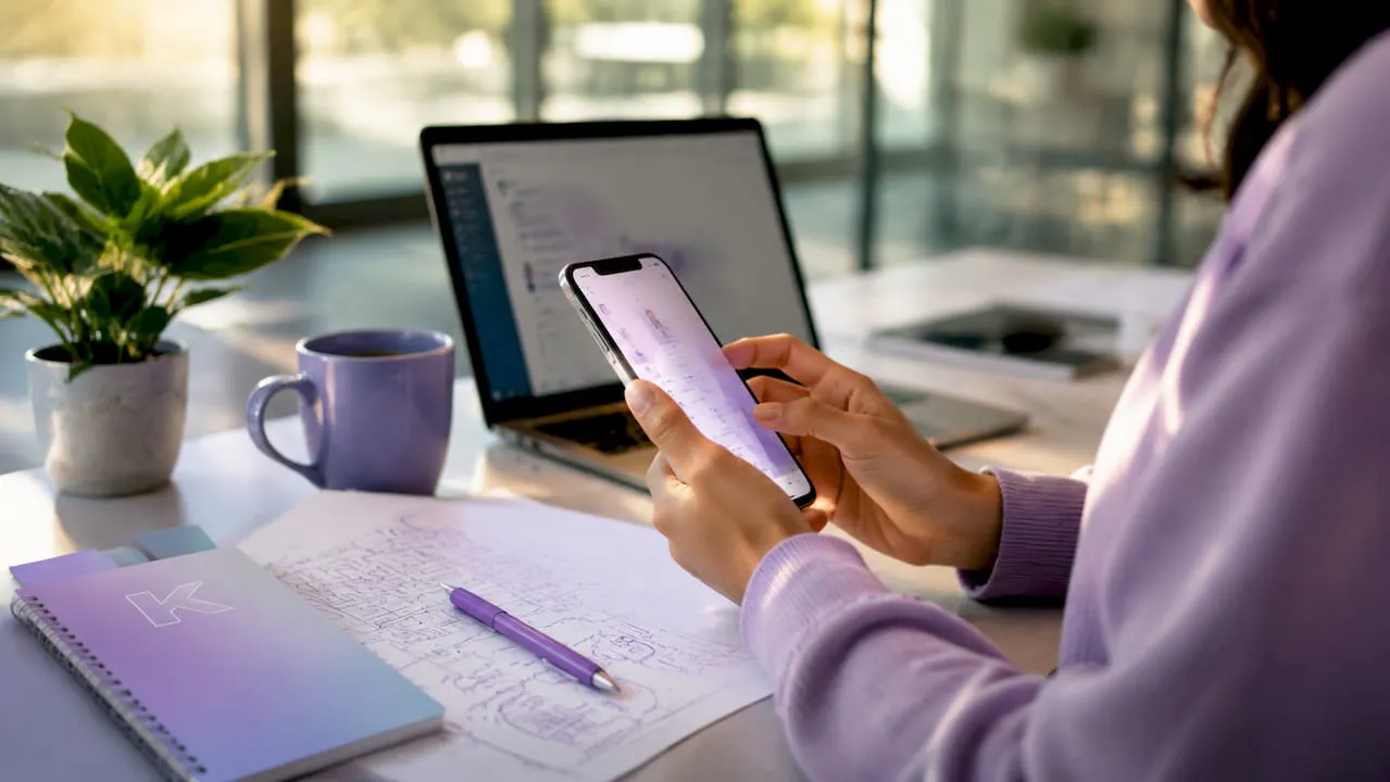 Mani che scorrono una business card digitale sullo schermo dello smartphone