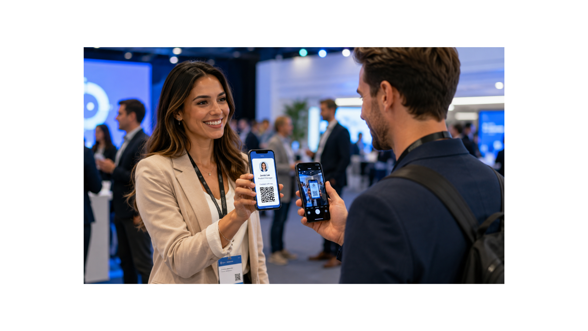 Woman sharing her digital business card to a man on a conference