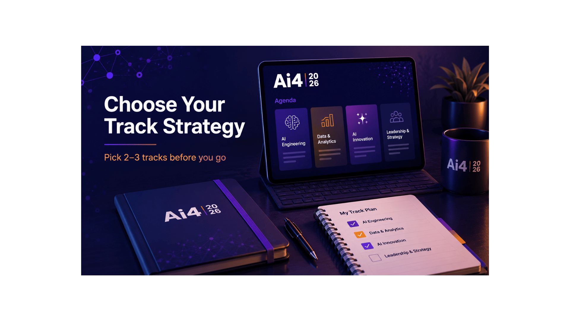 Ai4 Conference 2026 track planning setup with a tablet, notebook, and selected AI session categories.