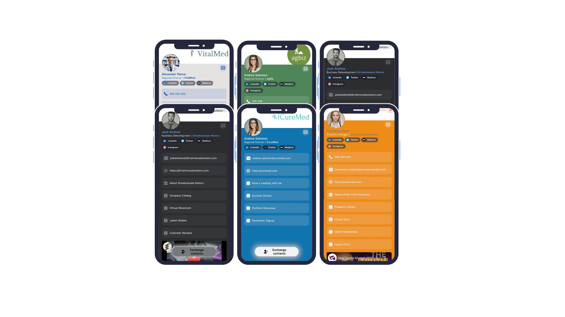 six phone screens displaying virtual business cards