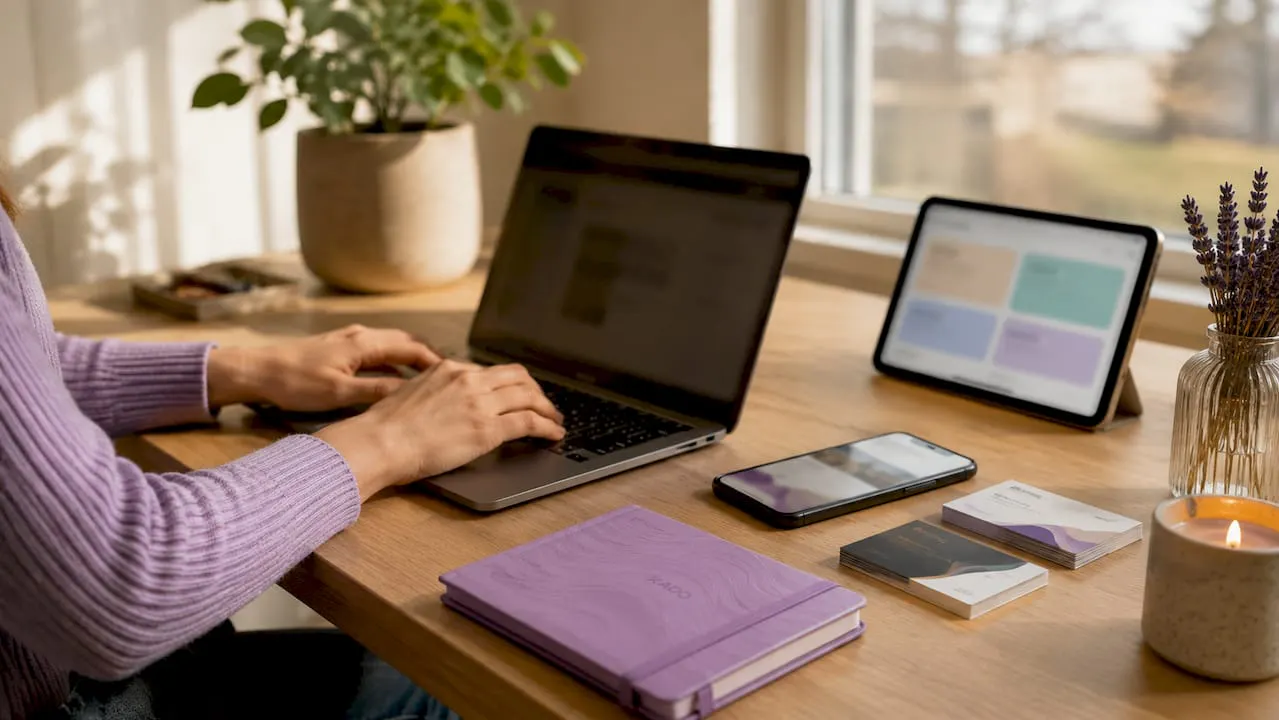 Desk with laptop, smartphone, and contact management tools