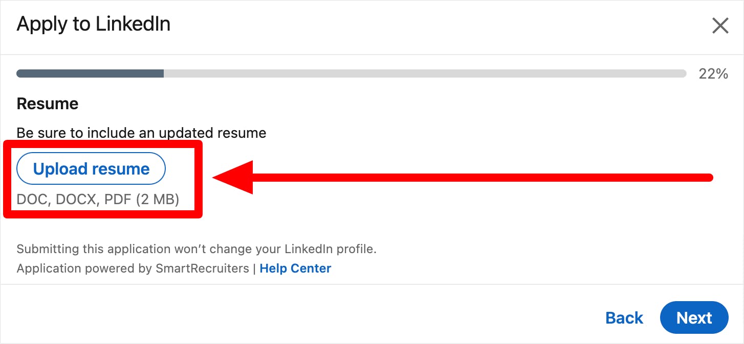 Upload resume window on LinkedIn