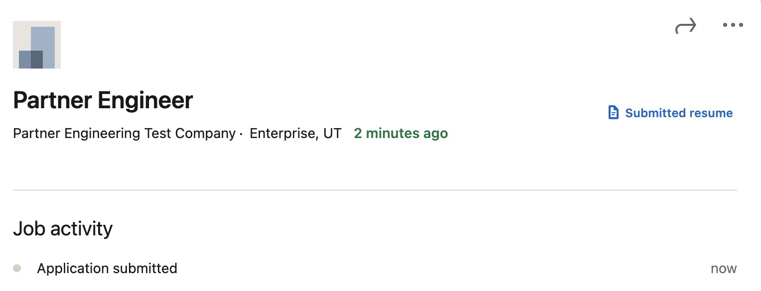 Confirmation screen after submitting LinkedIn application