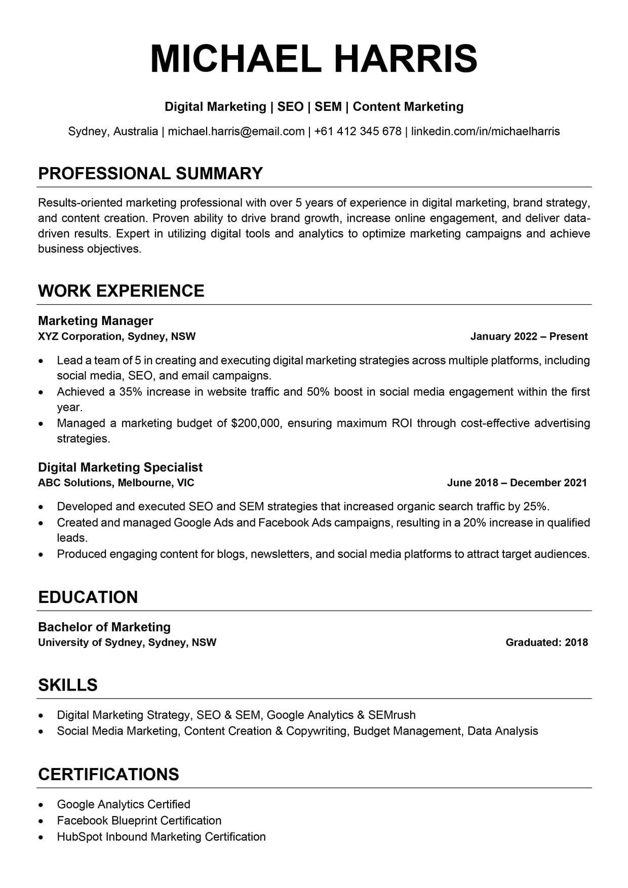 Example of an ATS-friendly resume layout