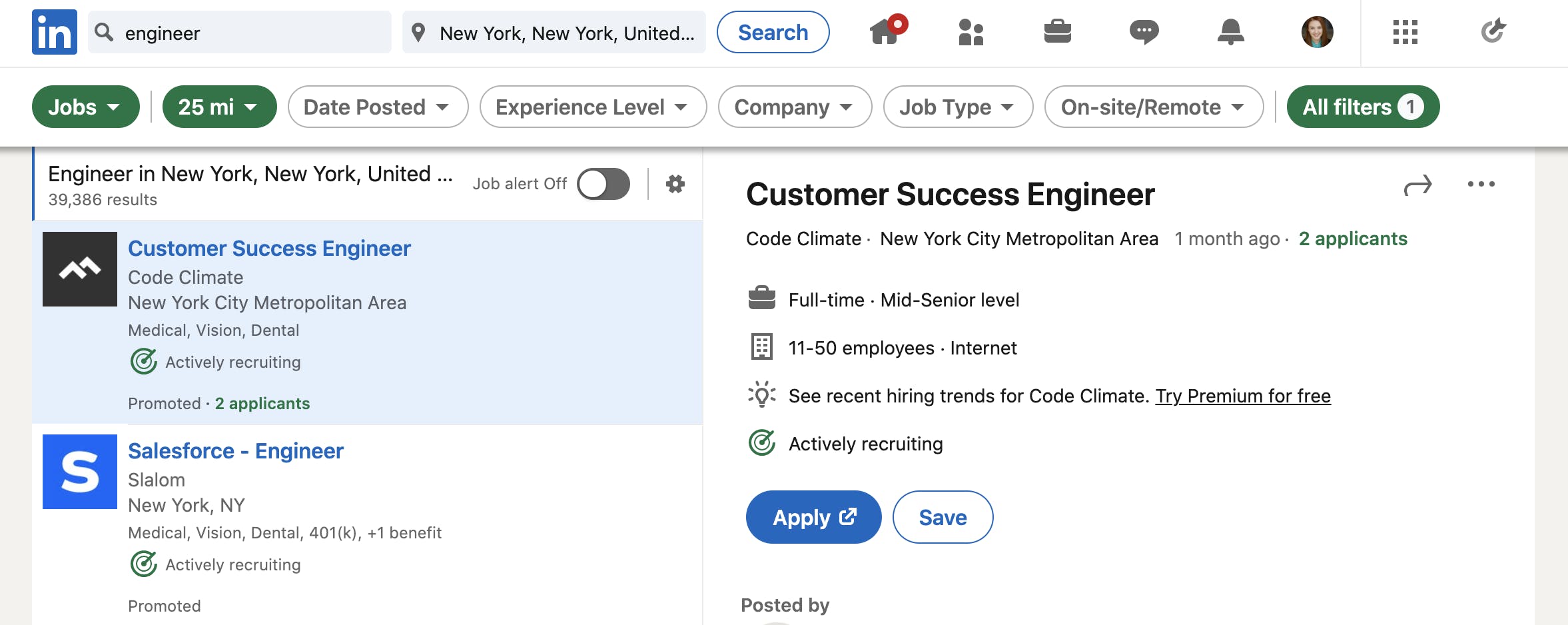 LinkedIn job search dashboard showing resume upload options