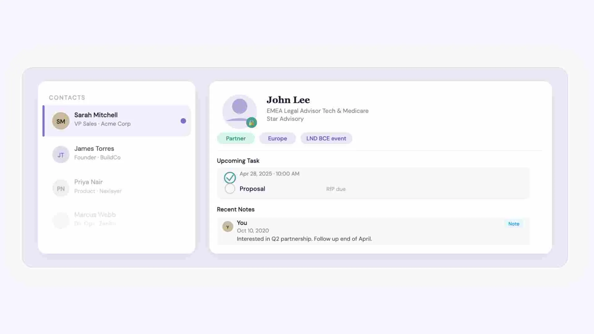 KADO contact profile with a note field and tags