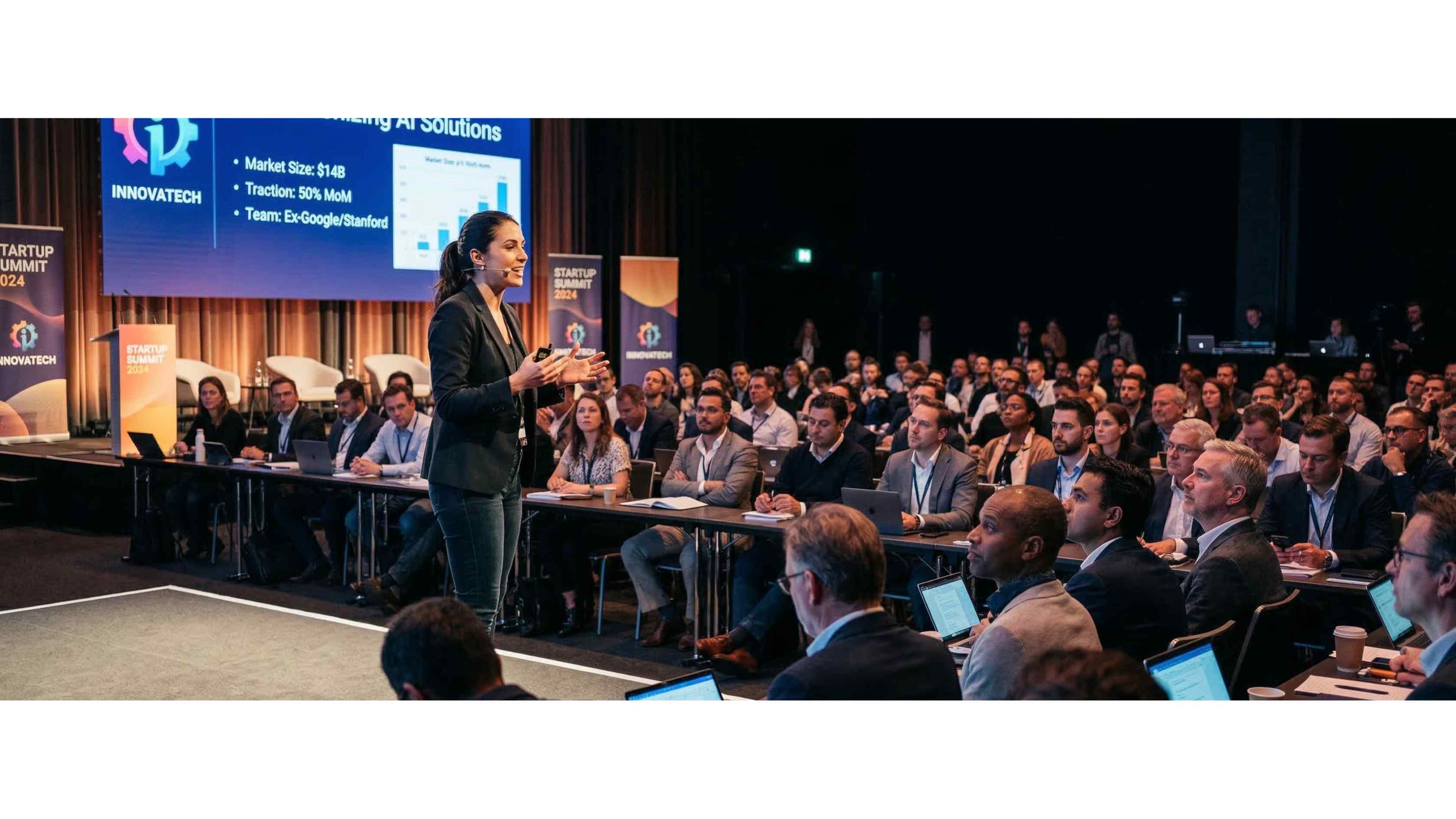 A founder presenting to a room of investors at a pitch event