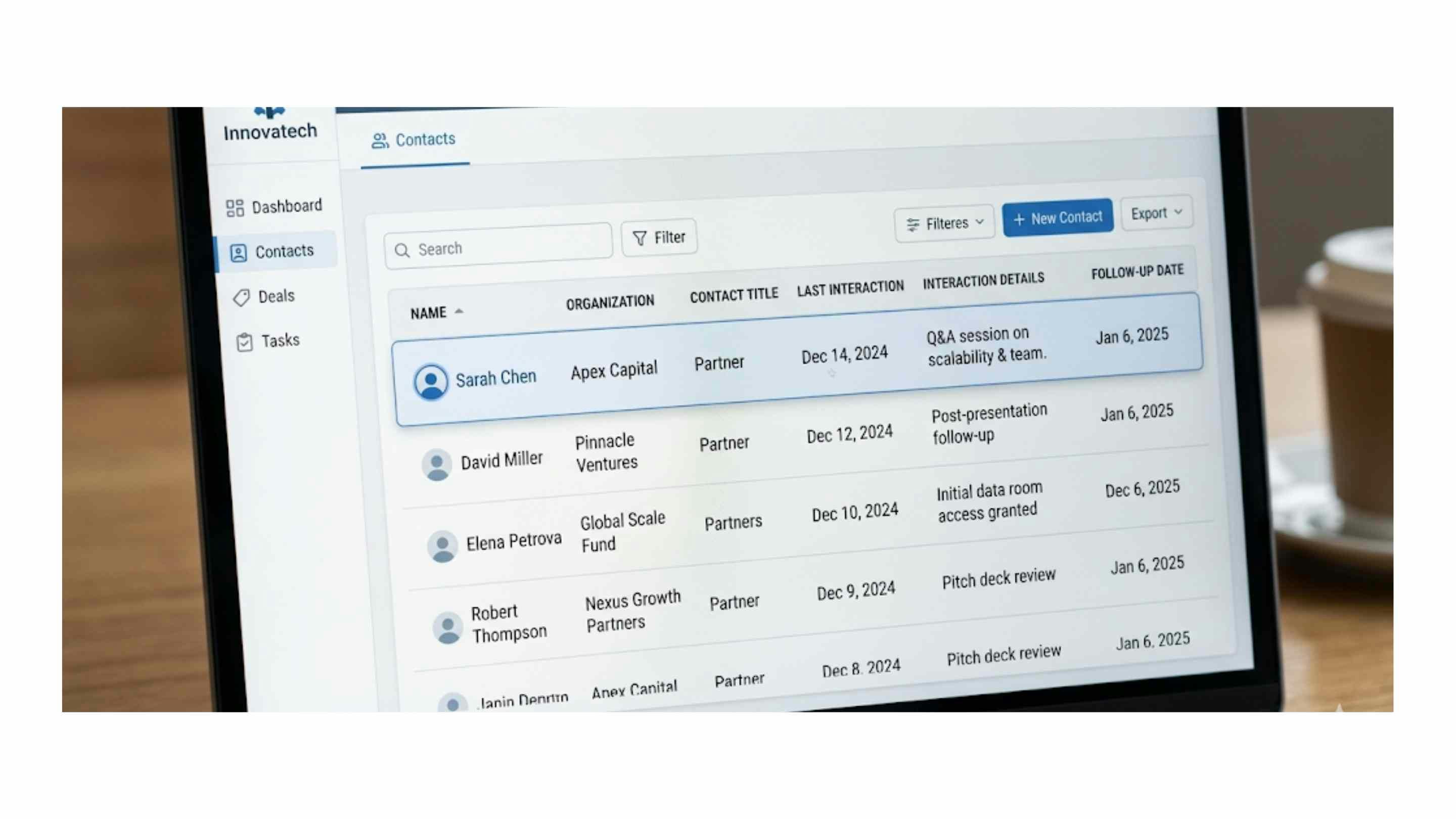 Close-up of a CRM dashboard with investor contact entries and last-interaction dates