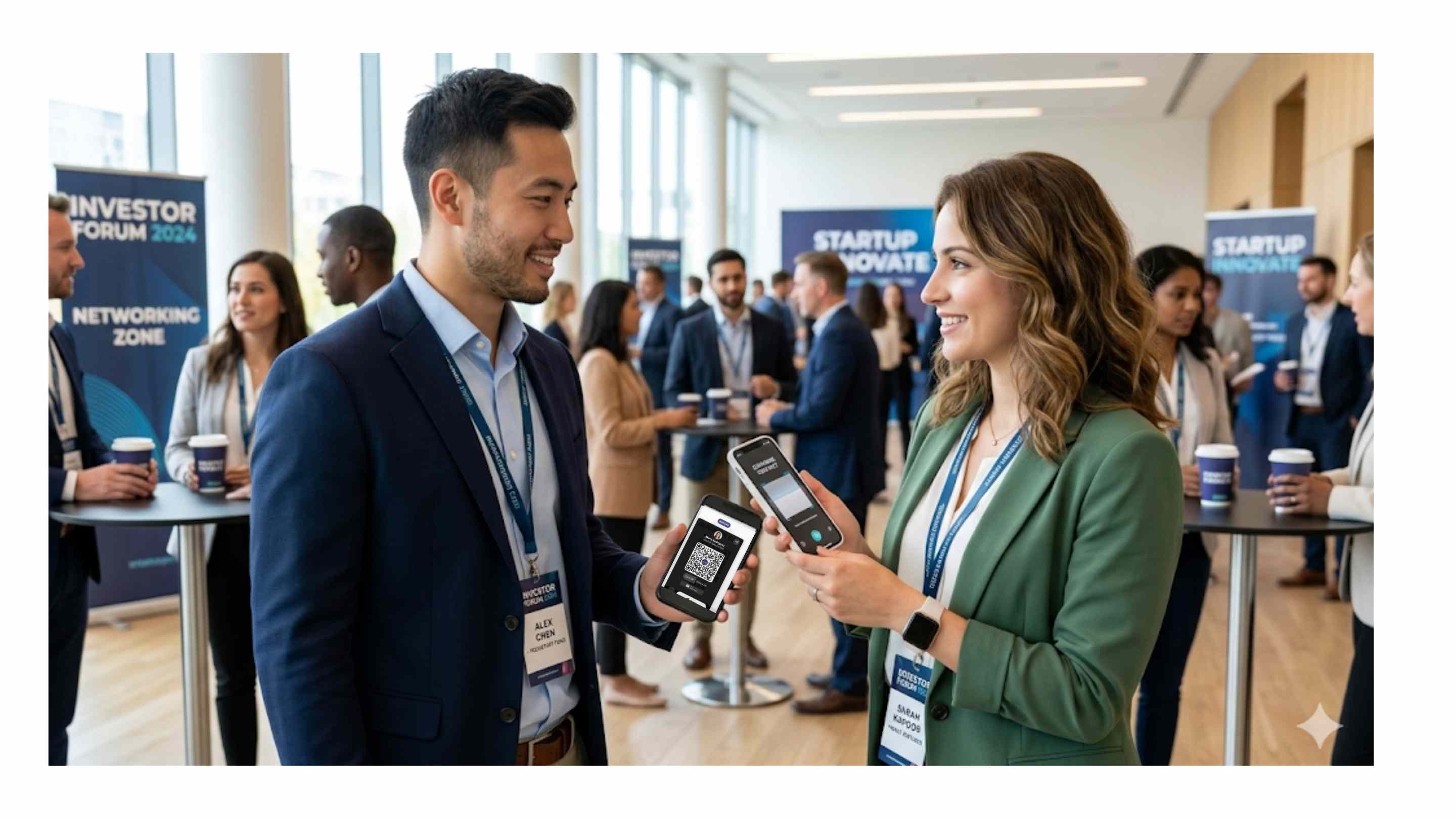 Two professionals exchanging digital business cards at an investor conference