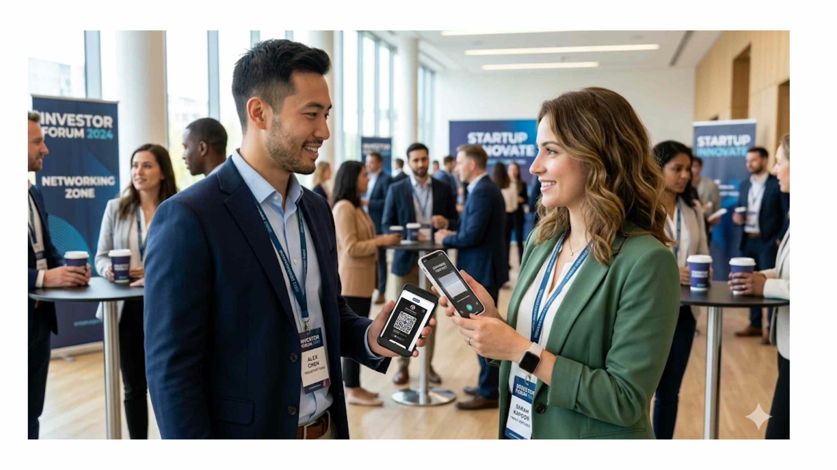 Two professionals exchanging digital business cards at an investor conference
