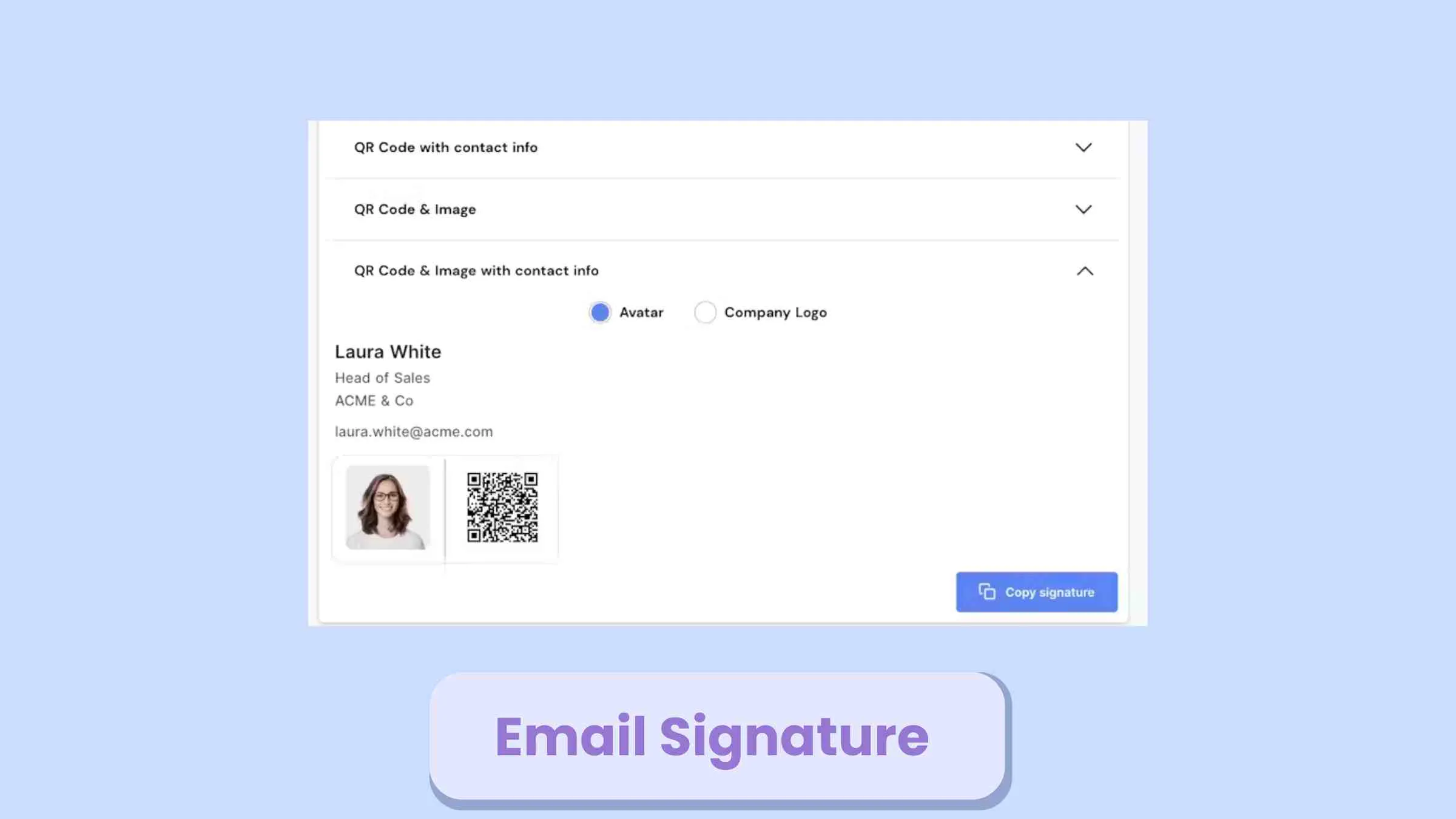 Professional email signature with embedded digital card link and headshot