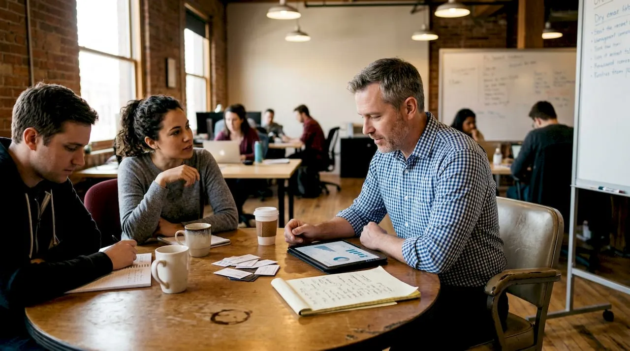 Team meeting with business card analytics on tablet