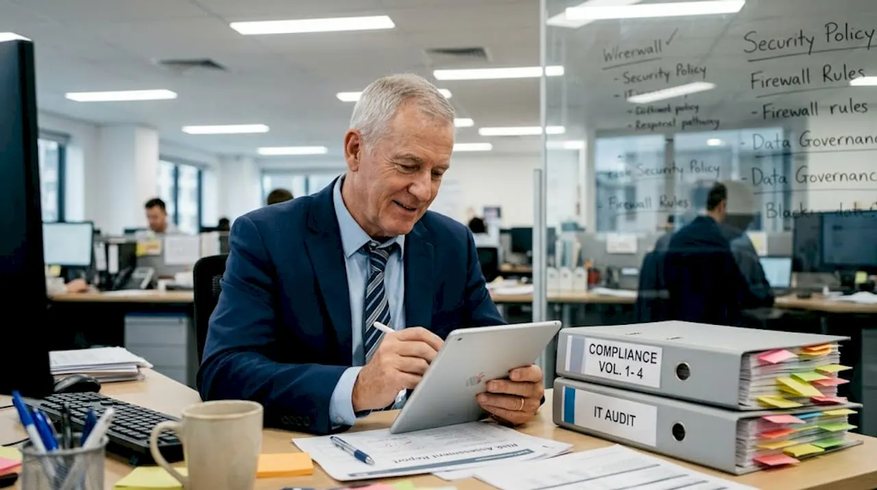 IT manager reviews compliance report at desk