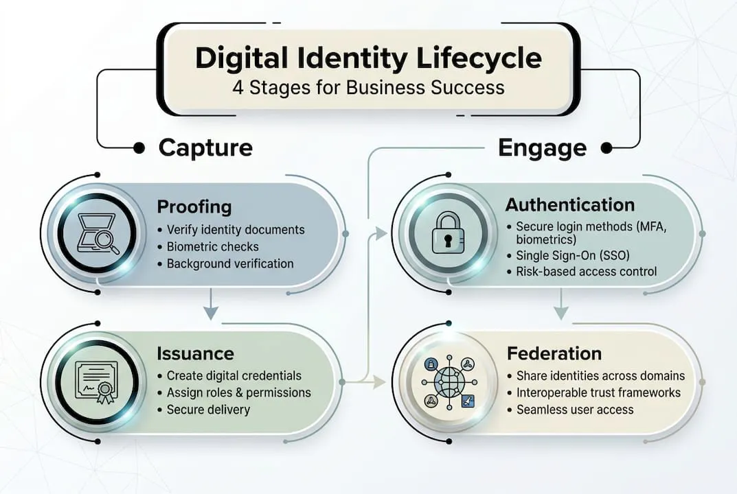 Digital identity lifecycle infographic with stages