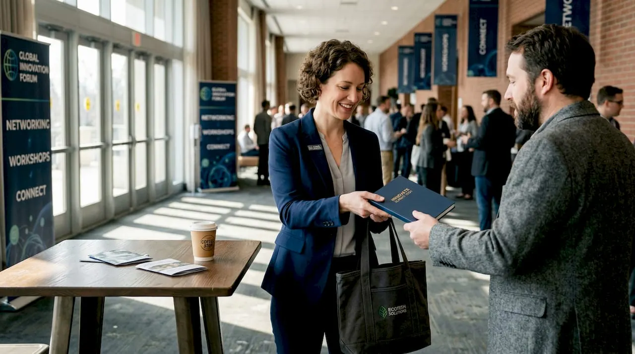 Businesswoman giving branded notebook at conference