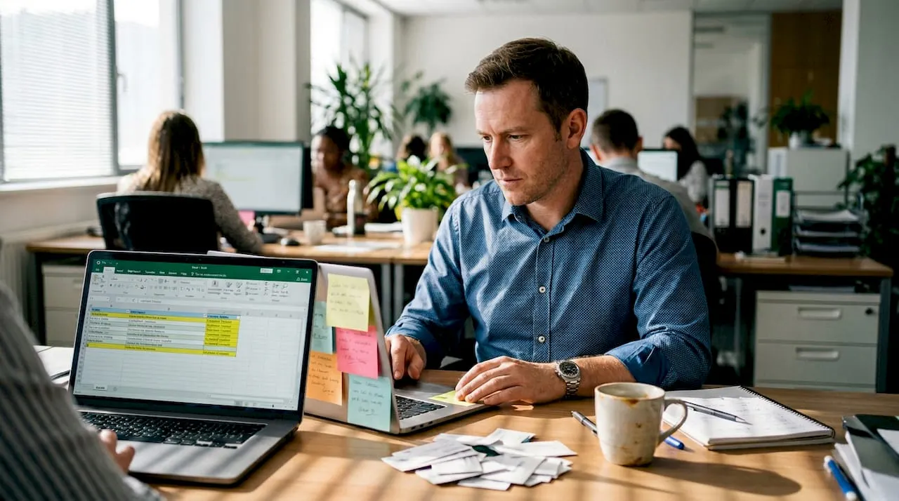 Man reviewing outdated contact data at desk