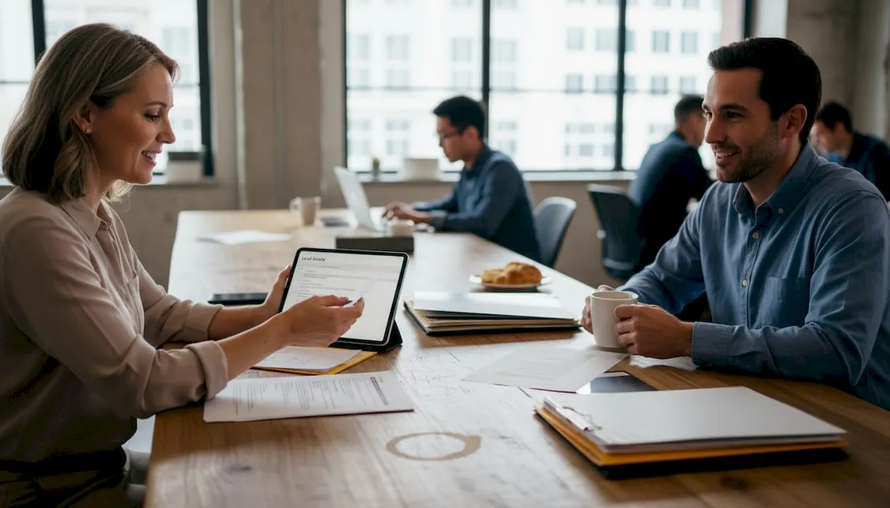 Consultant digitizing business card during meeting