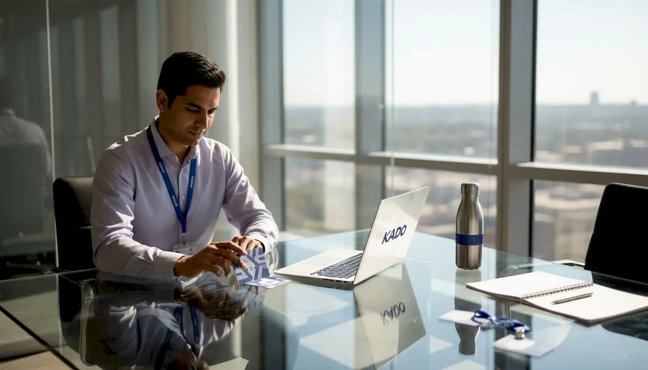 Professional exchanging digital contact info in conference room