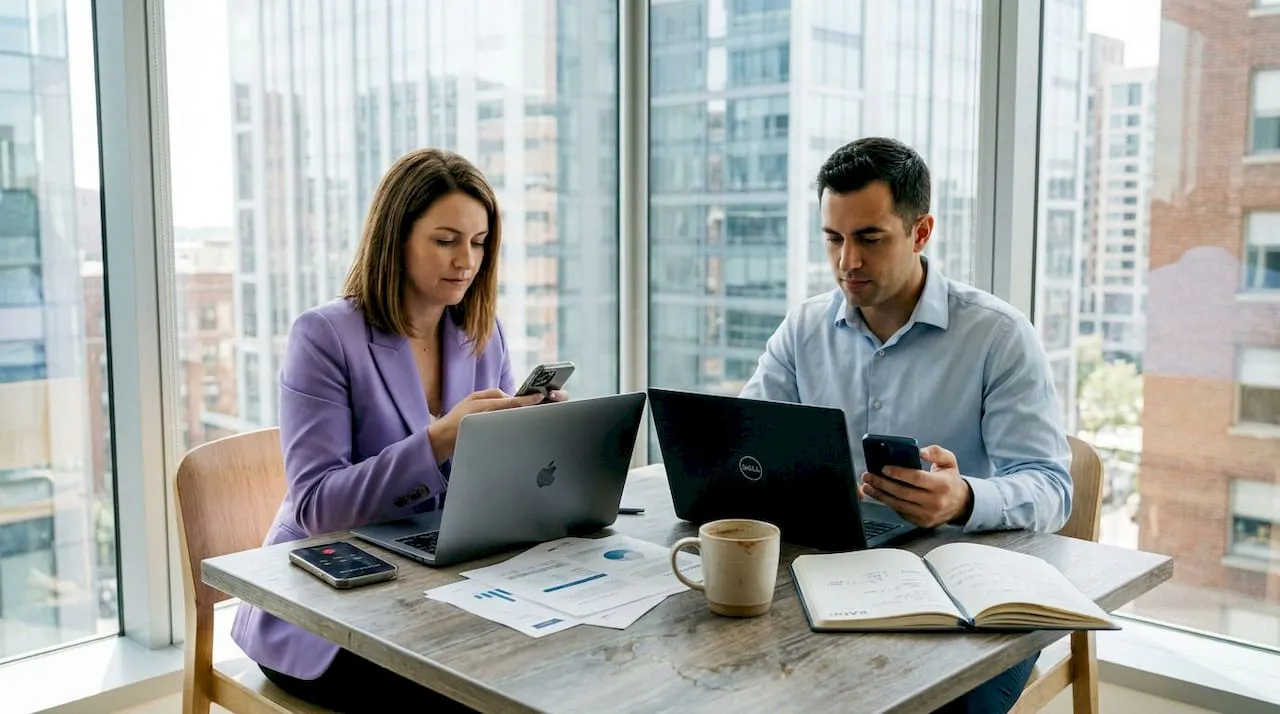 Professionals share digital business cards at meeting table