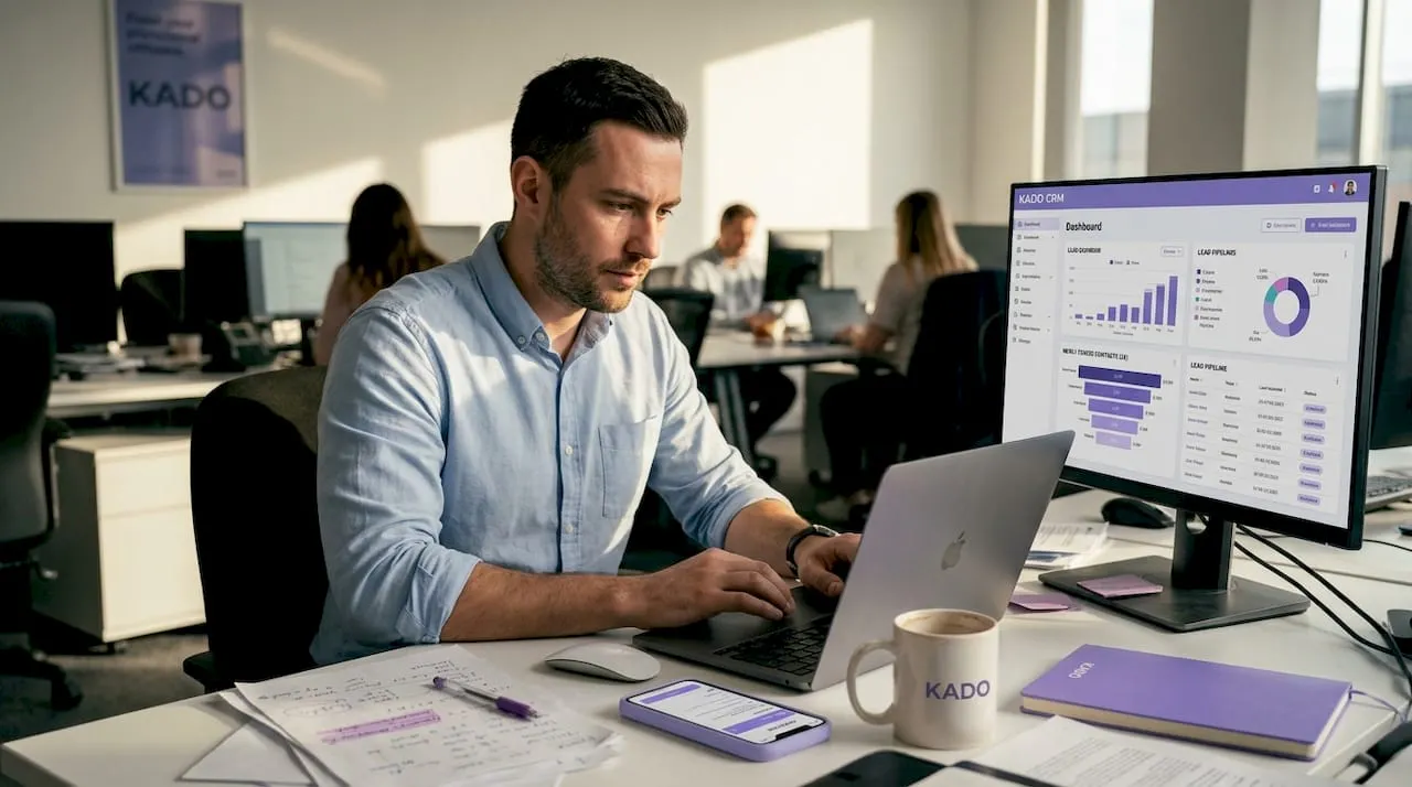 Office worker verifying contact data at messy desk